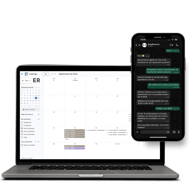 Sistema de reservas EasyReserva con Google Calendar y WhatsApp Vista de un sistema de reservas online EasyReserva mostrando un calendario de Google en portátil y gestión de citas por WhatsApp en móvil